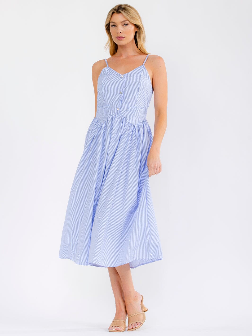 WOMEN'S SLEEVELESS V-NECK OPEN BACK RHINESTONES STRIPES MAXI DRESS