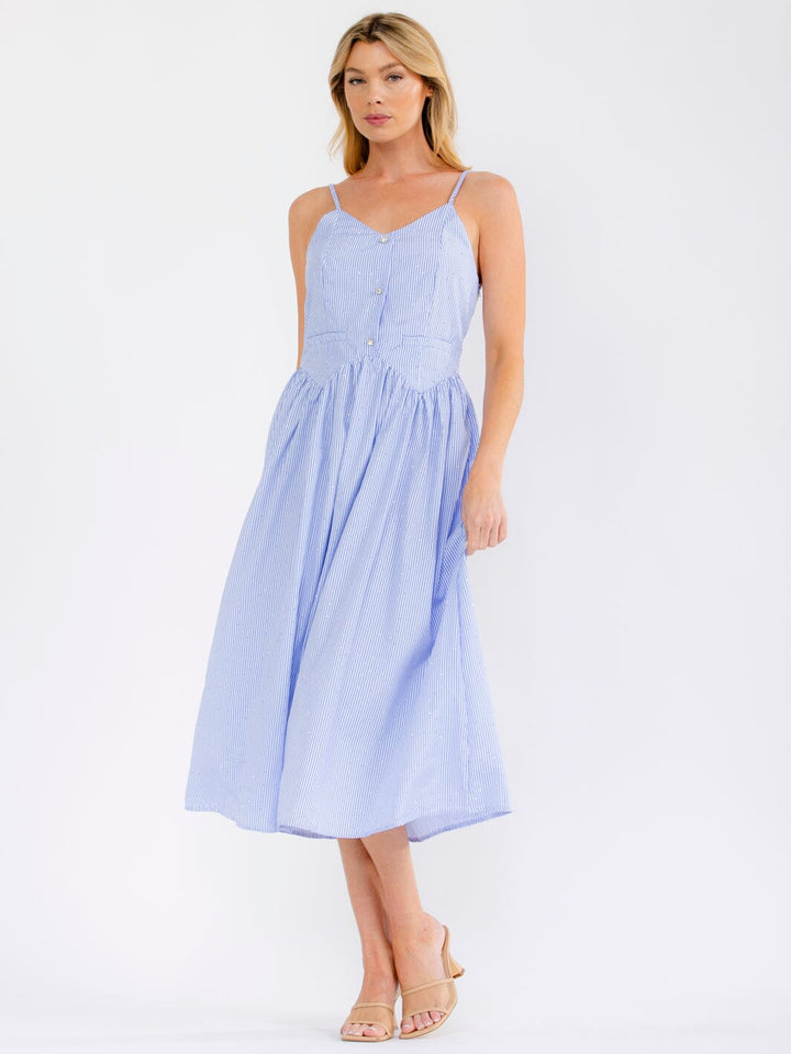 WOMEN'S SLEEVELESS V-NECK OPEN BACK RHINESTONES STRIPES MAXI DRESS