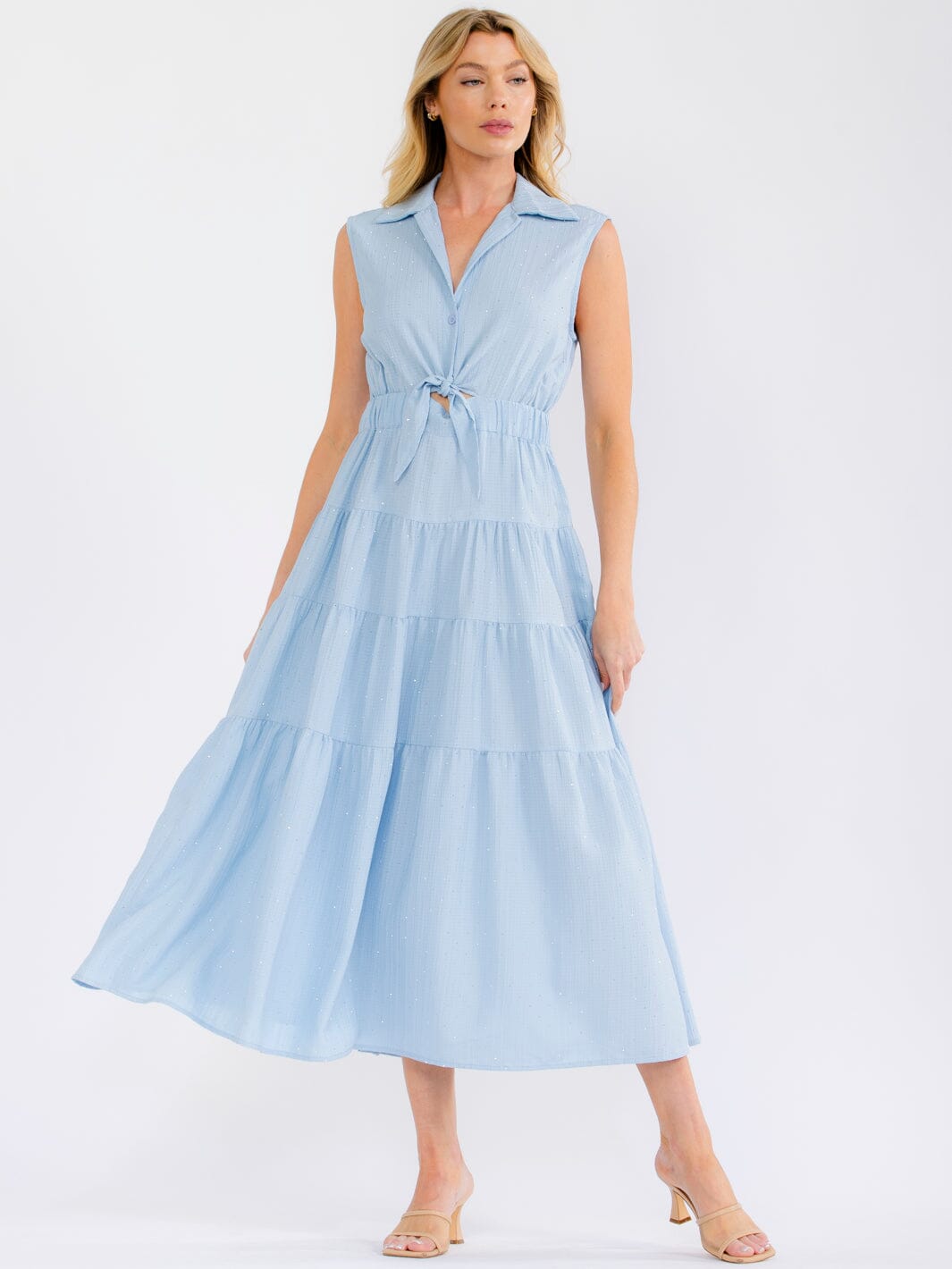 WOMEN'S SLEEVELESS V-NECK BUTTON UP TIERED RHINESTONES MAXI DRESS