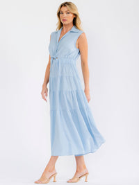 WOMEN'S SLEEVELESS V-NECK BUTTON UP TIERED RHINESTONES MAXI DRESS