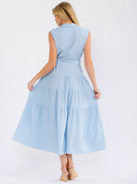 WOMEN'S SLEEVELESS V-NECK BUTTON UP TIERED RHINESTONES MAXI DRESS