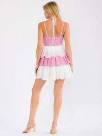 WOMEN'S SLEEVELESS V-NECK FIT & FLARE EYELET RUFLE TIERES PLAID MINI DRESS