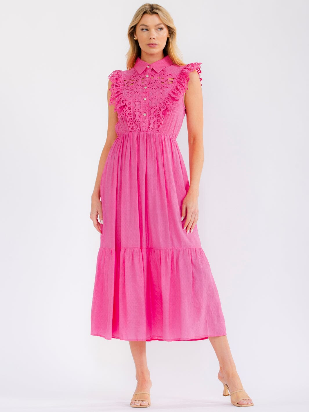 WOMEN'S SLEEVELESS BUTTON UP ELASTIC WAIST TIERED CROCHET MAXI DRESS
