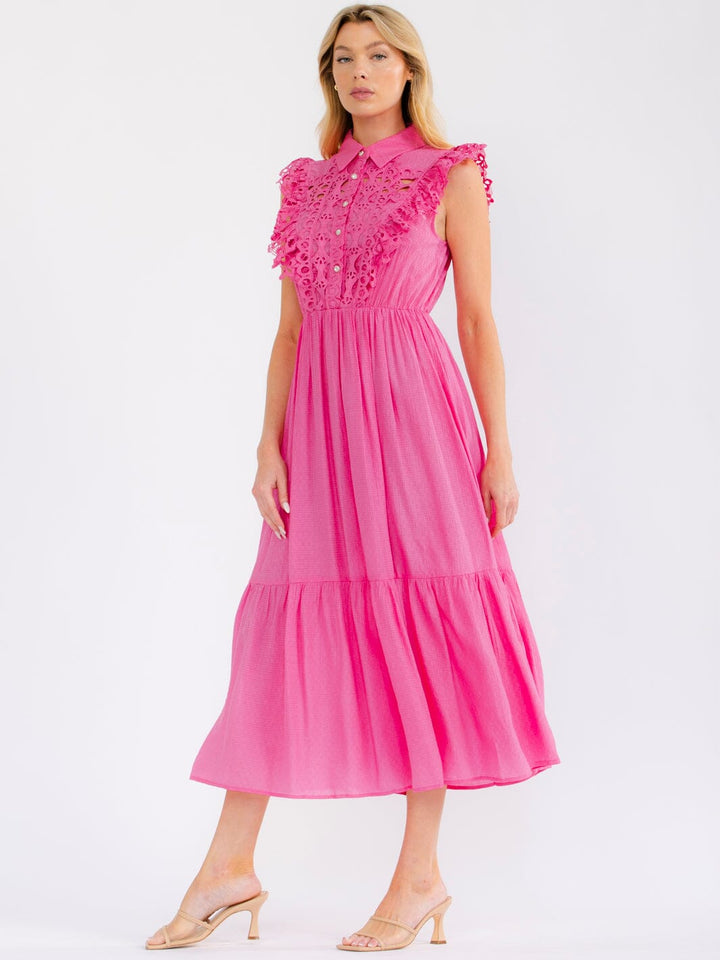 WOMEN'S SLEEVELESS BUTTON UP ELASTIC WAIST TIERED CROCHET MAXI DRESS