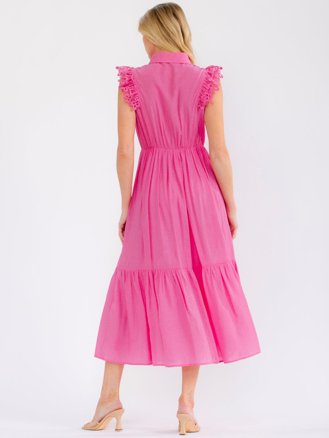 WOMEN'S SLEEVELESS BUTTON UP ELASTIC WAIST TIERED CROCHET MAXI DRESS