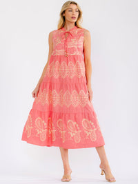 WOMEN'S SLEEVELESS V-NECK TIERED EMBROIDERY MAXI DRESS