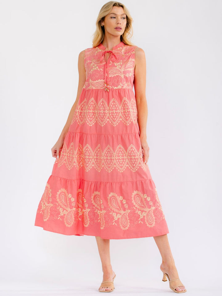 WOMEN'S SLEEVELESS V-NECK TIERED EMBROIDERY MAXI DRESS