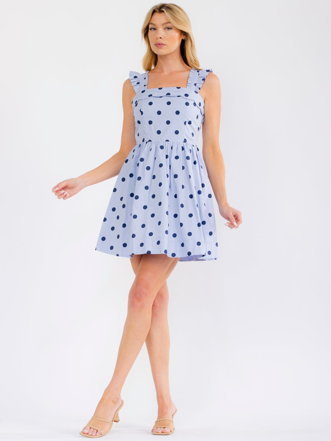 WOMEN'S SLEEVELESS SQUARE NECK SMOCK FIT & FLARE POLKA DOTS MINI DRESS