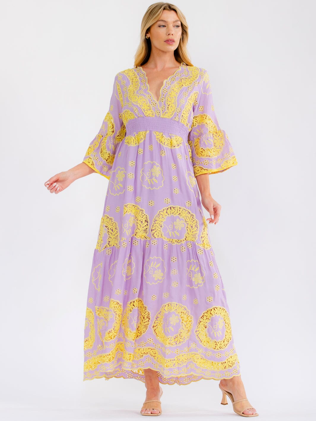 WOMEN'S 3/4 BELL SLEEVE V-NECK TIERED CROCHET MAXI DRESS