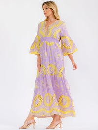 WOMEN'S 3/4 BELL SLEEVE V-NECK TIERED CROCHET MAXI DRESS