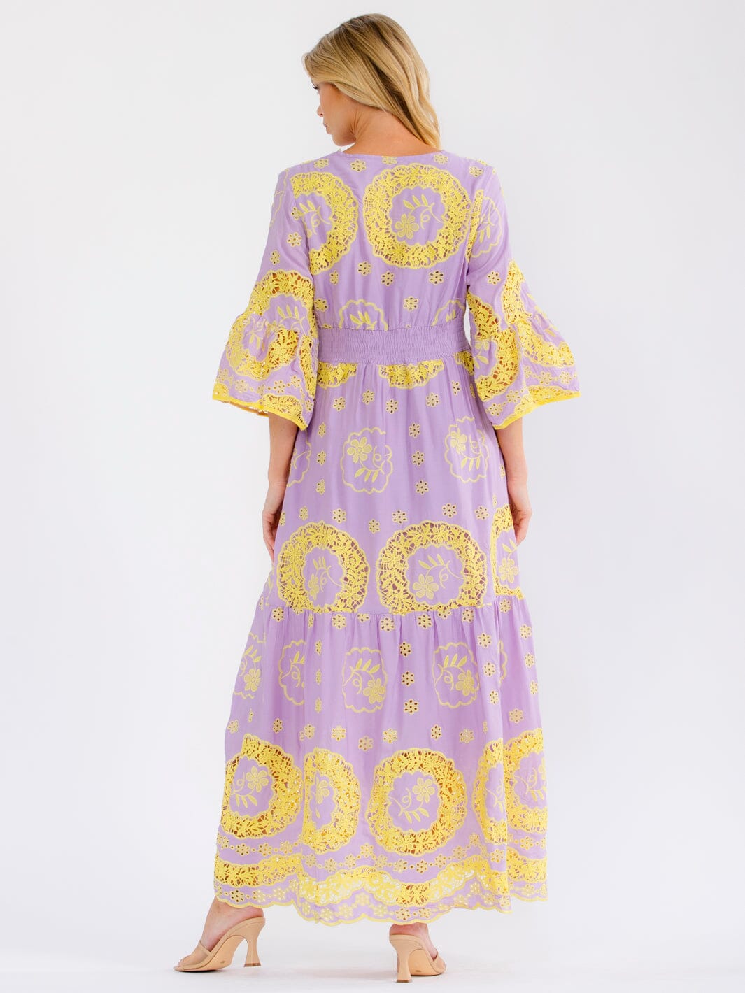 WOMEN'S 3/4 BELL SLEEVE V-NECK TIERED CROCHET MAXI DRESS