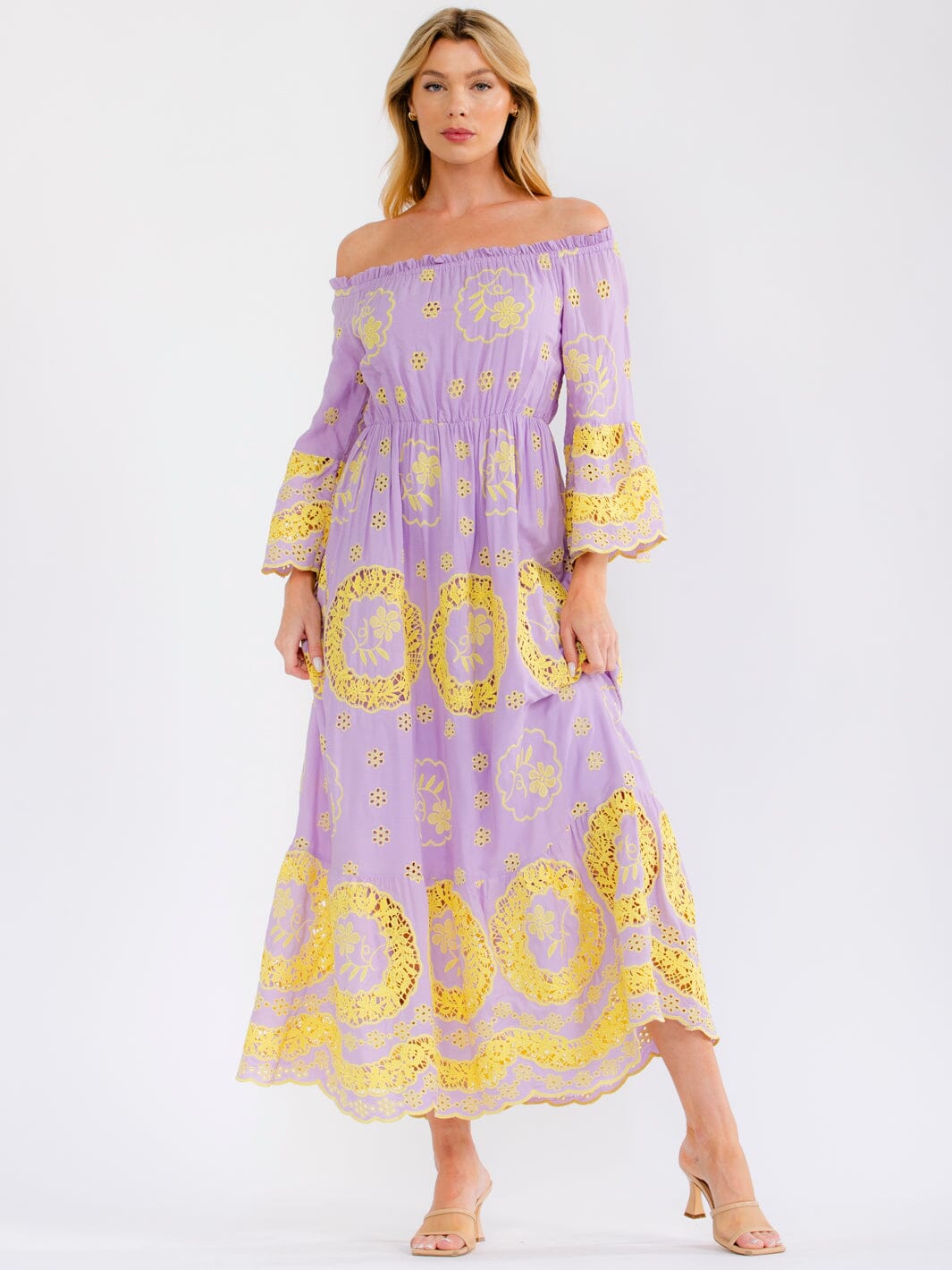WOMEN'S OFF SHOULDER BELL SLEEVE ELASTIC WAIST CROCHET MAXI DRESS