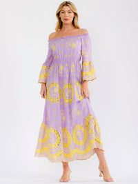 WOMEN'S OFF SHOULDER BELL SLEEVE ELASTIC WAIST CROCHET MAXI DRESS
