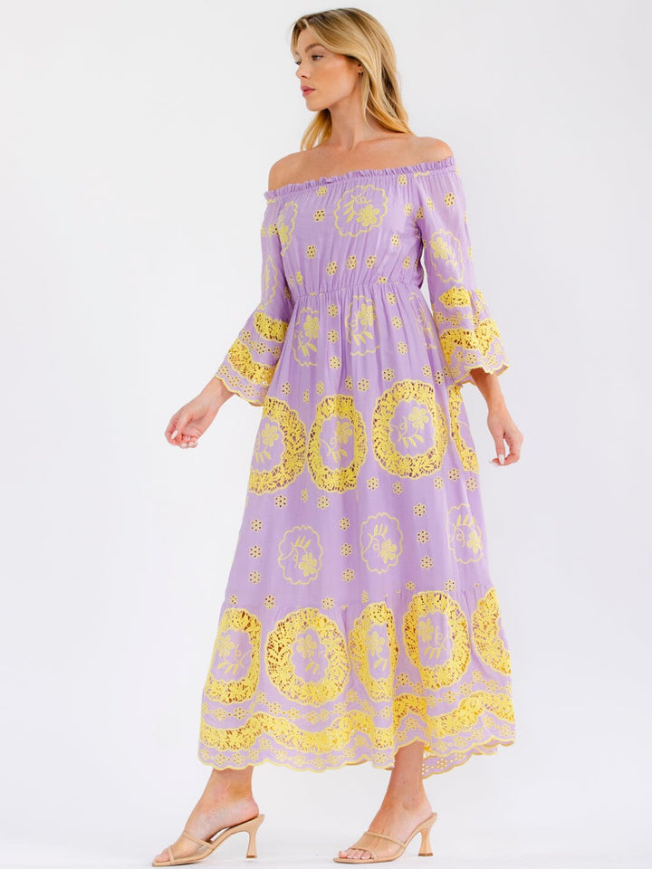 WOMEN'S OFF SHOULDER BELL SLEEVE ELASTIC WAIST CROCHET MAXI DRESS