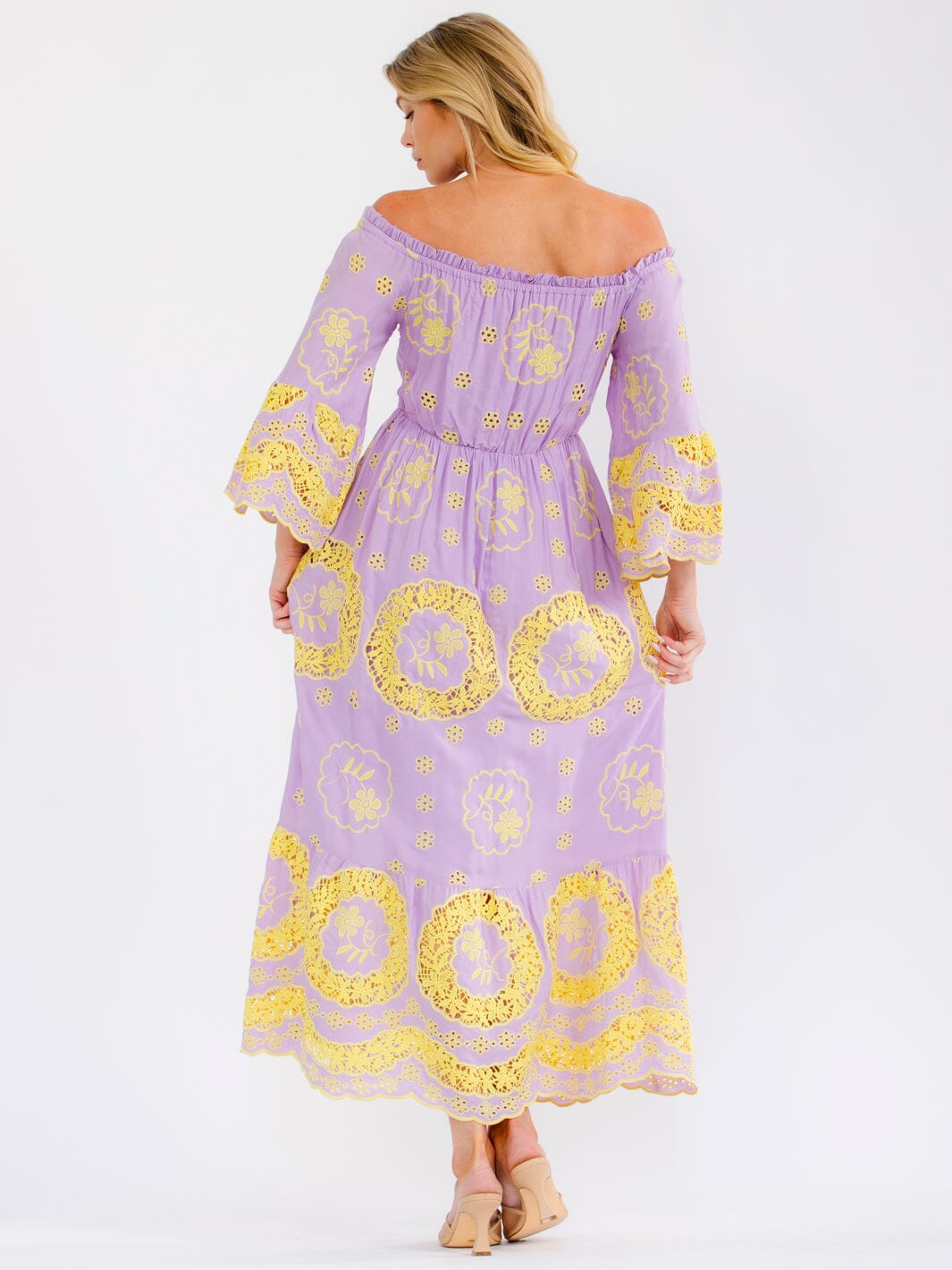 WOMEN'S OFF SHOULDER BELL SLEEVE ELASTIC WAIST CROCHET MAXI DRESS