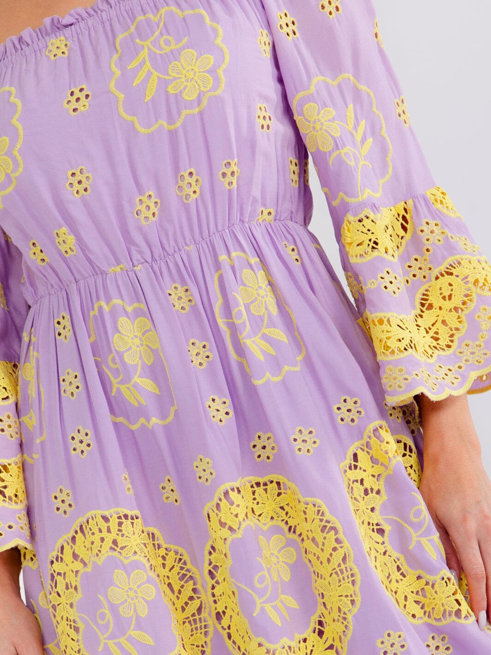 WOMEN'S OFF SHOULDER BELL SLEEVE ELASTIC WAIST CROCHET MAXI DRESS