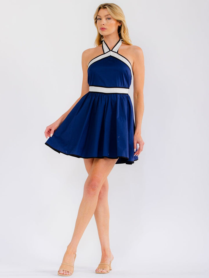 WOMEN'S SLEEVELESS HALTER NECK OPEN BACK FRONT POCKET FIT & FLARE MINI DRESS