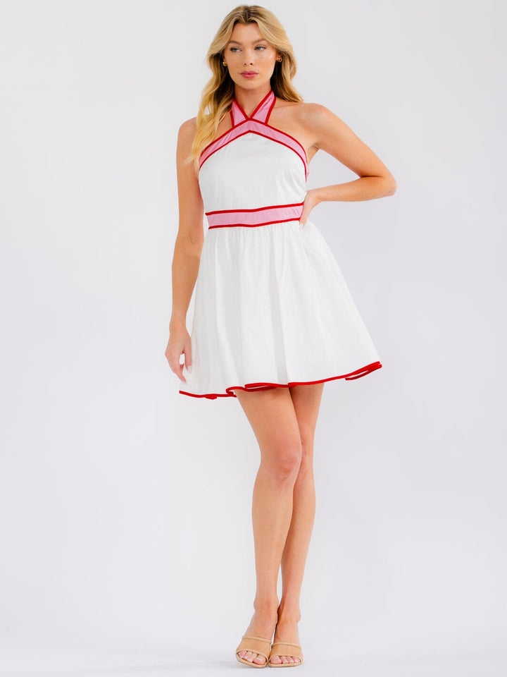 WOMEN'S SLEEVELESS HALTER NECK OPEN BACK FRONT POCKET FIT & FLARE MINI DRESS