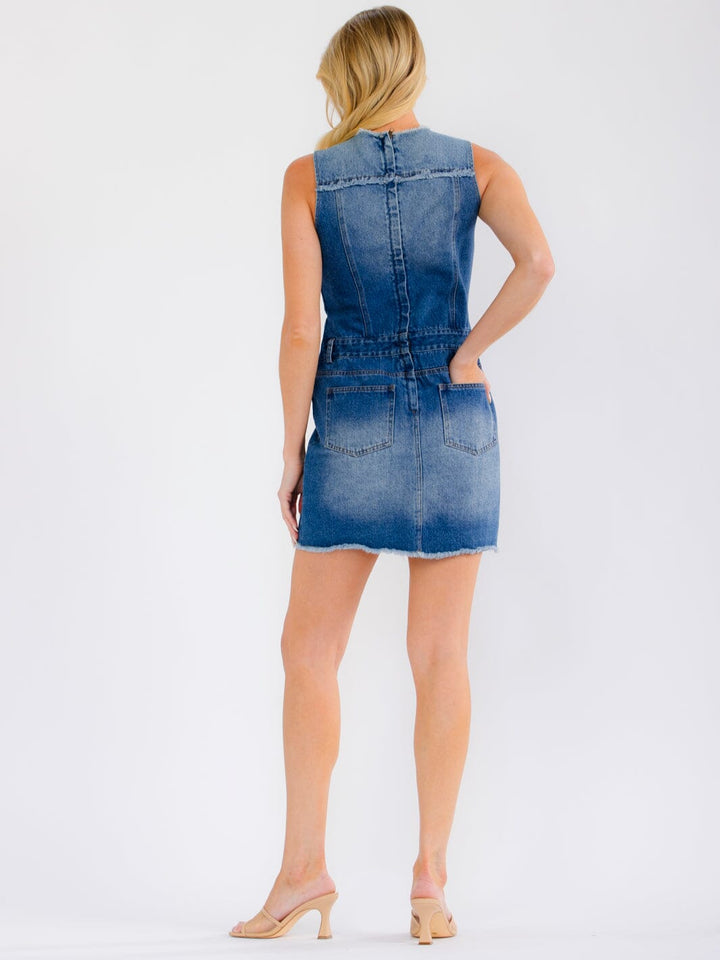 WOMEN'S SLEEVELESS TWO TONE DENIM WASHED BODYCON MINI DRESS