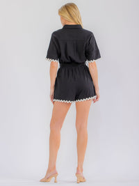 WOMEN'S SHORT SLEEVE BUTTON UP SELF TIE FRON POCKETS TRIM DETAILED LINEN ROMPER