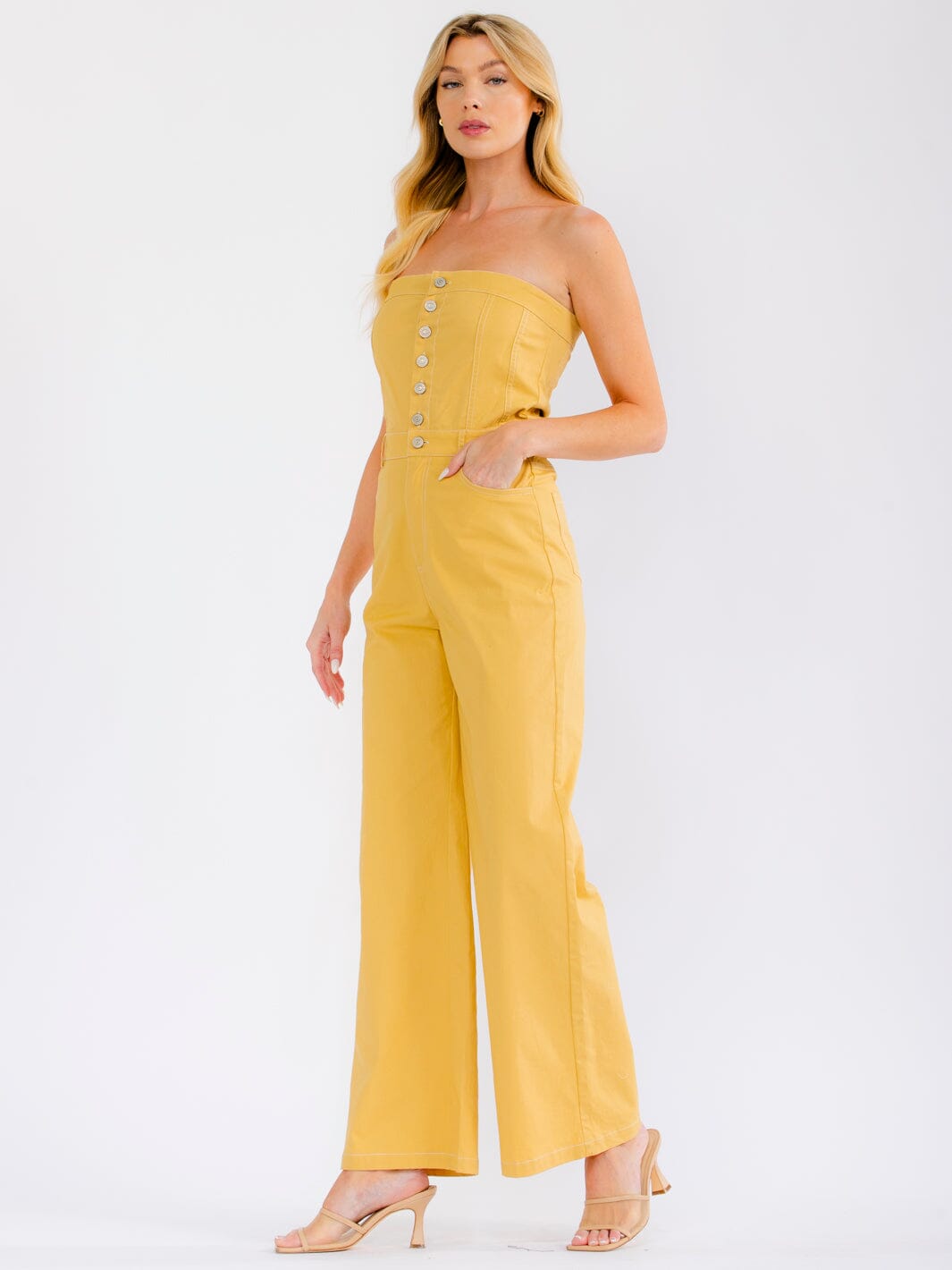 WOMEN'S SLEEVELESS BUTTON UP POCKETS WIDE LEG DENIM TUBE JUMPSUIT