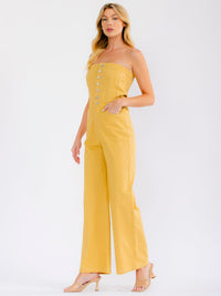 WOMEN'S SLEEVELESS BUTTON UP POCKETS WIDE LEG DENIM TUBE JUMPSUIT