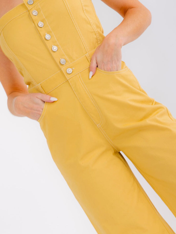 WOMEN'S SLEEVELESS BUTTON UP POCKETS WIDE LEG DENIM TUBE JUMPSUIT