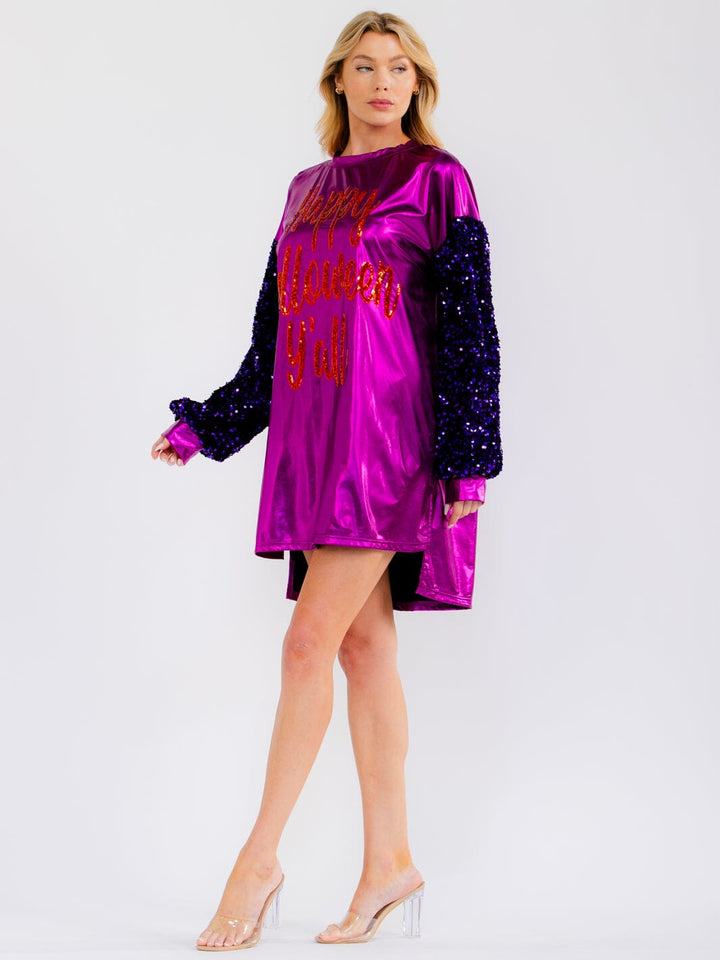 WOMEN'S LONG SLEEVE HIGH-LOW SEQUINS METALLIC HALLOWEEN MINI DRESS
