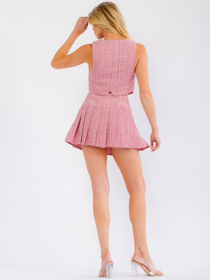 WOMEN'S SLEEVELESS BUTTON UP TOP & ZIP UP PLEATED MINI SKORT TWEED 2PC. SET