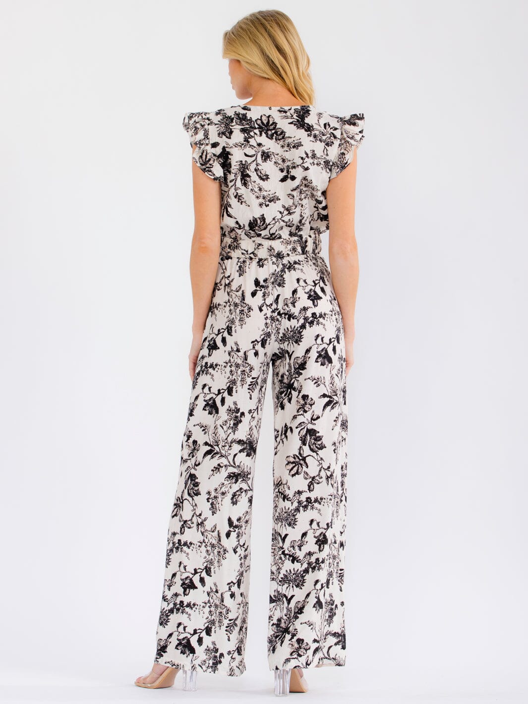 WOMEN'S RUFFLE SLEEVE SURPLICE BLOUSE & ELASTIC WAIST WIDE LEG PANTS RHINESTONE FLORAL 2PC. SET