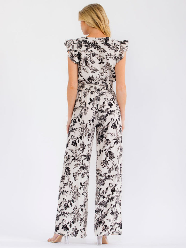WOMEN'S RUFFLE SLEEVE SURPLICE BLOUSE & ELASTIC WAIST WIDE LEG PANTS RHINESTONE FLORAL 2PC. SET