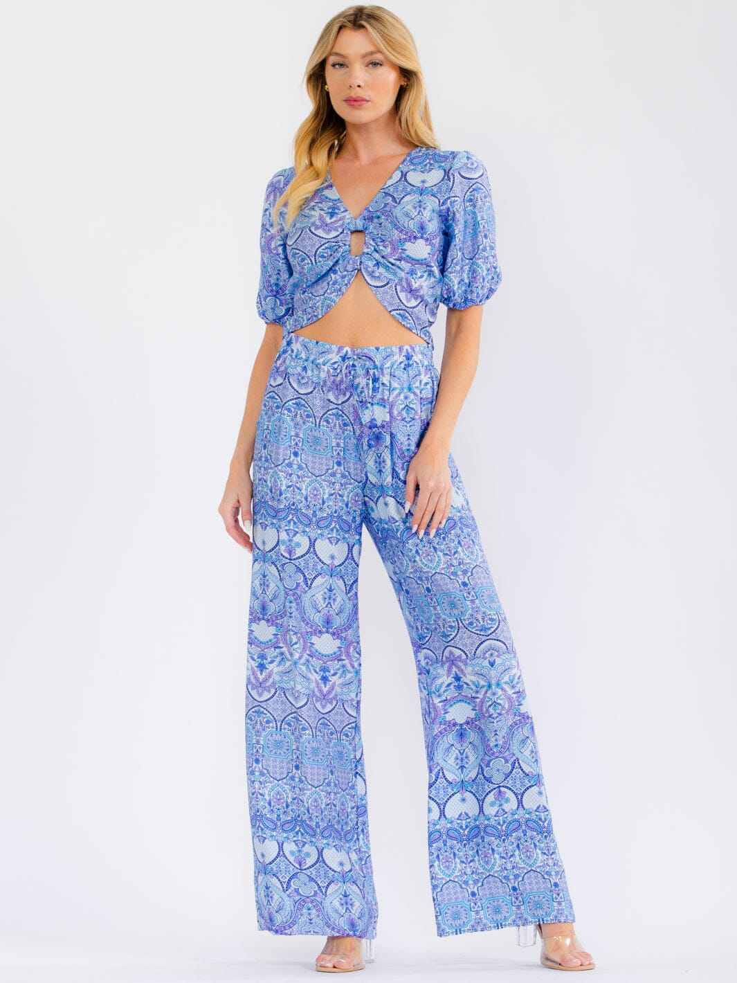 WOMEN'S SHORT SLEEVE CROP TOP & ELASTIC WAIST WIDE LEG PANTS FLORAL 2PC. SET