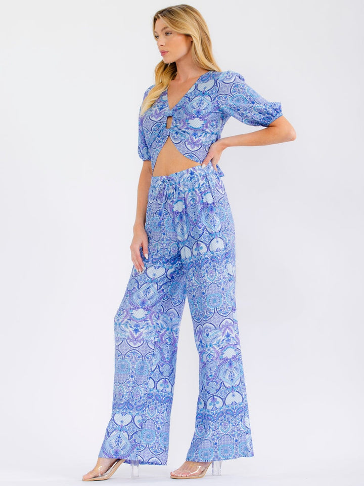 WOMEN'S SHORT SLEEVE CROP TOP & ELASTIC WAIST WIDE LEG PANTS FLORAL 2PC. SET
