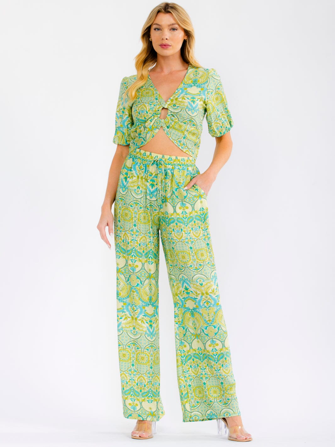 WOMEN'S SHORT SLEEVE CROP TOP & ELASTIC WAIST WIDE LEG PANTS FLORAL 2PC. SET