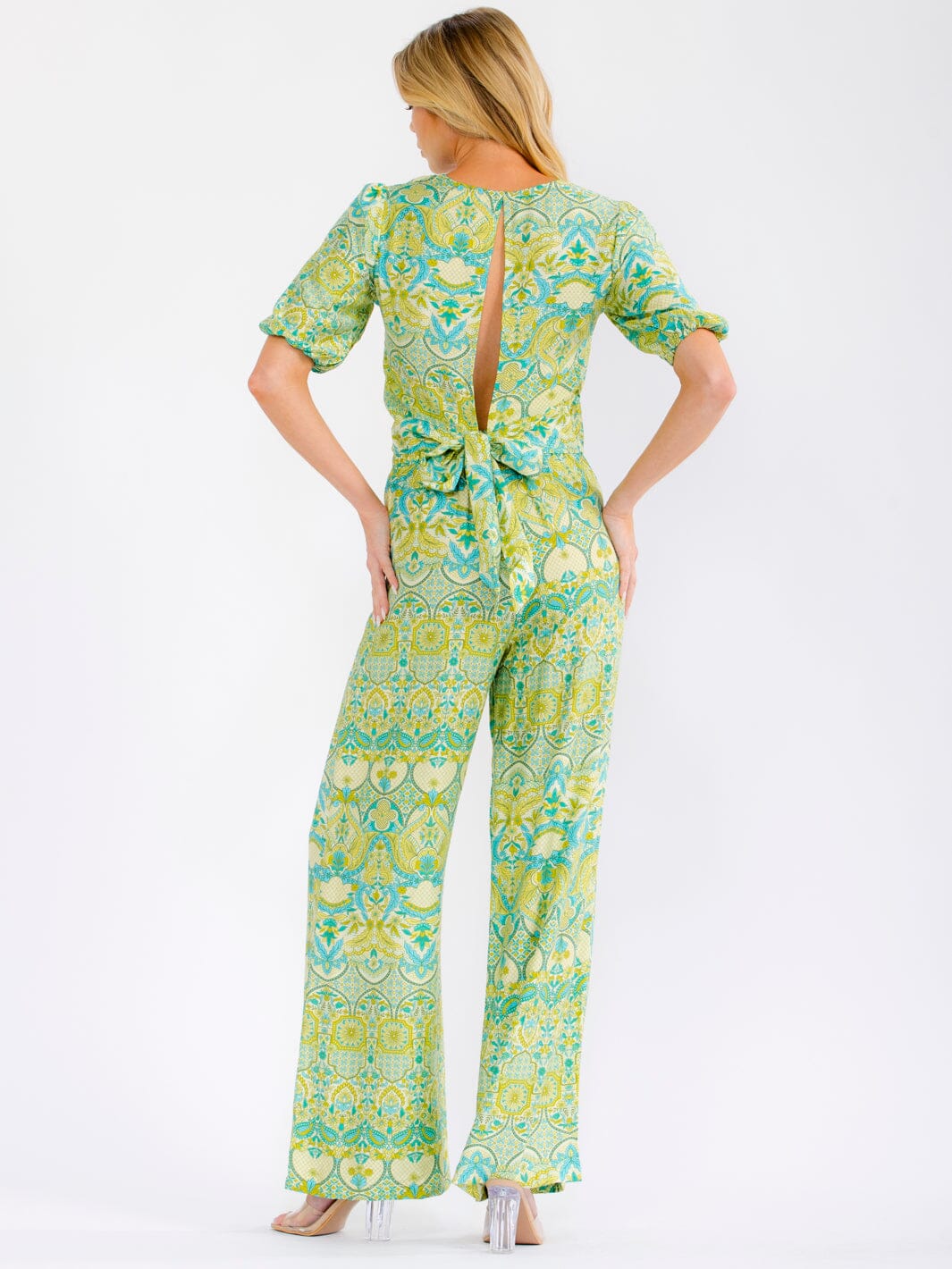 WOMEN'S SHORT SLEEVE CROP TOP & ELASTIC WAIST WIDE LEG PANTS FLORAL 2PC. SET