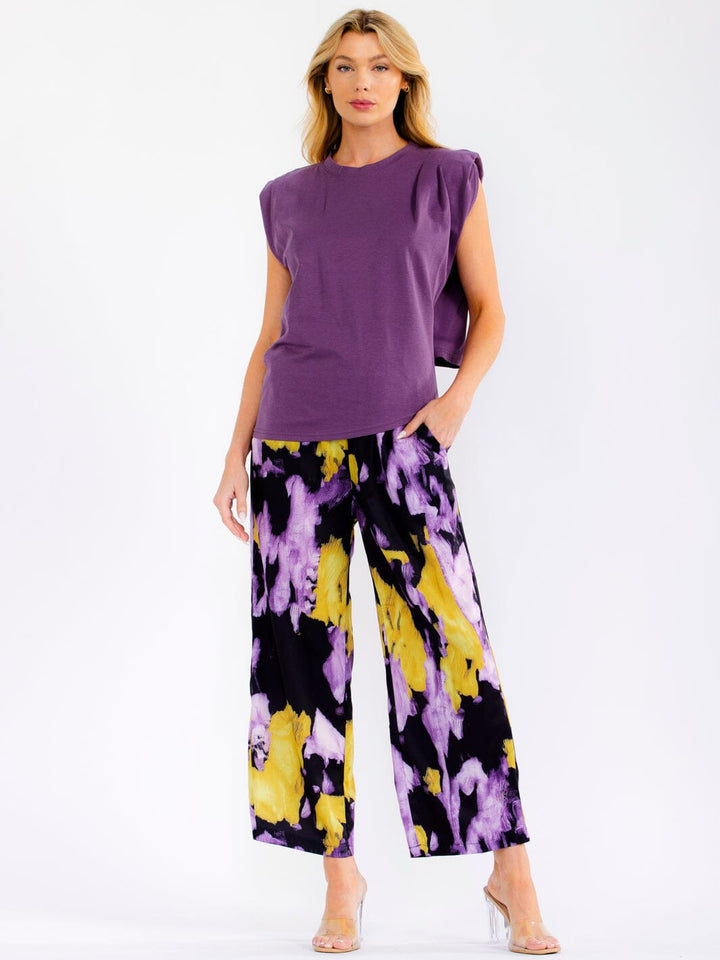 WOMEN'S SLEEVELESS BACK CUT OUT BLOUSE & ELASTIC WAIST POCKETS CAPRI PANTS TIE DYE 2PC. SET