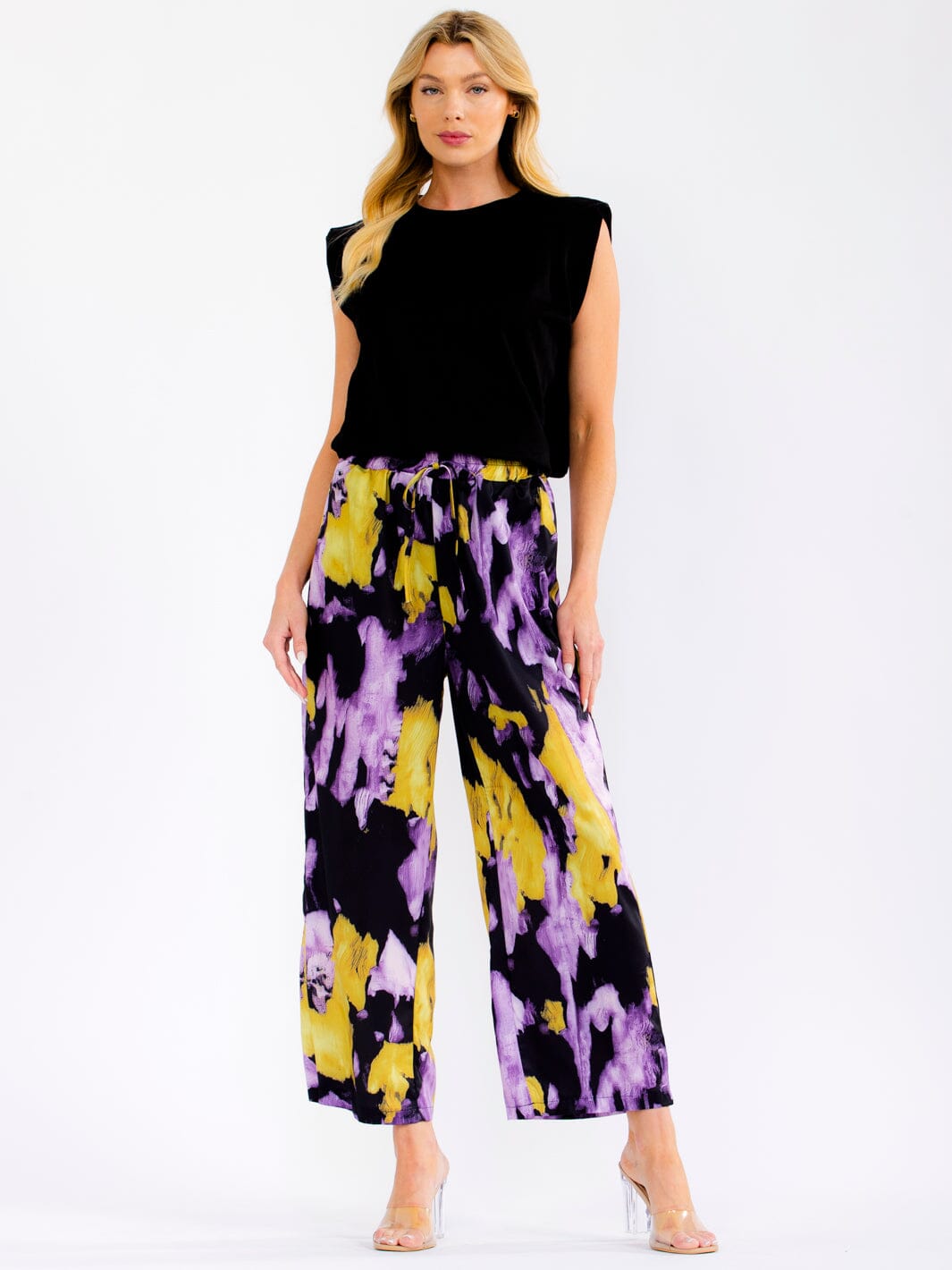 WOMEN'S SLEEVELESS BACK CUT OUT BLOUSE & ELASTIC WAIST POCKETS CAPRI PANTS TIE DYE 2PC. SET