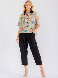 WOMEN'S SHORT SLEEVE BLOUSE & ELASTIC WAIST POCKETS CAPRI PANTS PRINT COLORBLOCK 2PC. SET