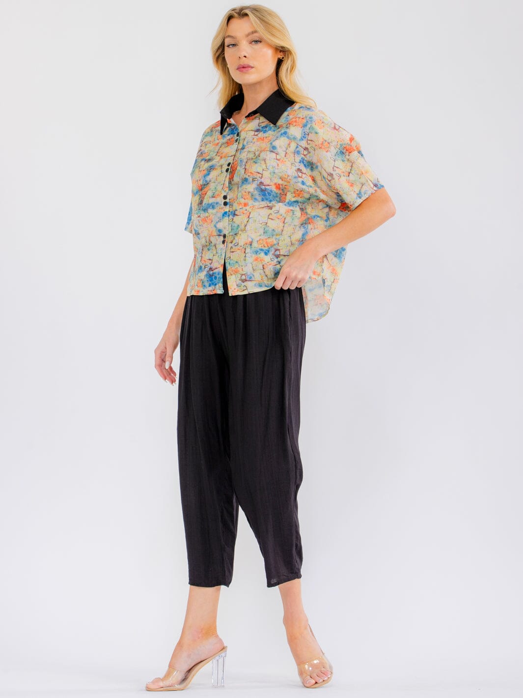 WOMEN'S SHORT SLEEVE BLOUSE & ELASTIC WAIST POCKETS CAPRI PANTS PRINT COLORBLOCK 2PC. SET