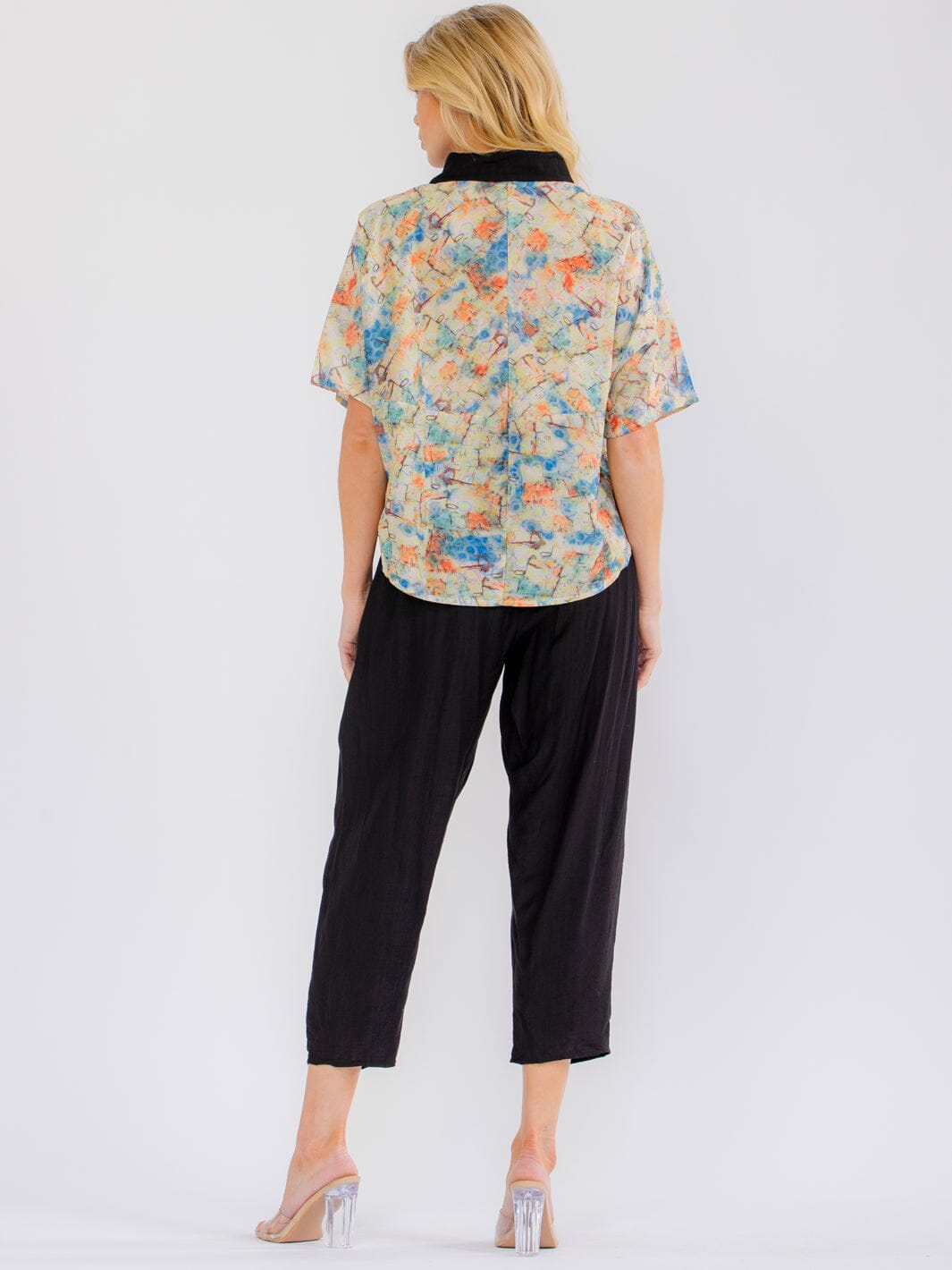 WOMEN'S SHORT SLEEVE BLOUSE & ELASTIC WAIST POCKETS CAPRI PANTS PRINT COLORBLOCK 2PC. SET