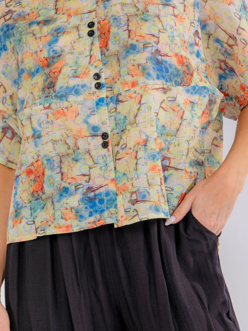 WOMEN'S SHORT SLEEVE BLOUSE & ELASTIC WAIST POCKETS CAPRI PANTS PRINT COLORBLOCK 2PC. SET