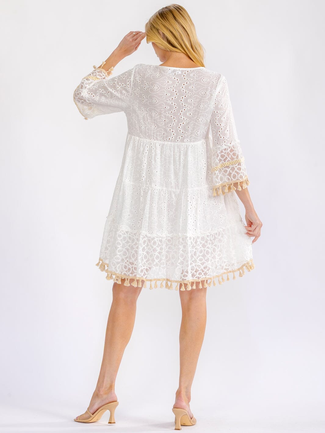 WOMEN'S 3/4 SLEEVE TIERED CROCHET LOOSE FIT MINI DRESS