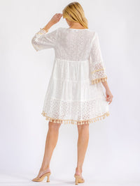 WOMEN'S 3/4 SLEEVE TIERED CROCHET LOOSE FIT MINI DRESS