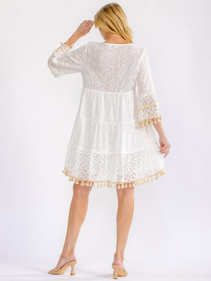 WOMEN'S 3/4 SLEEVE TIERED CROCHET LOOSE FIT MINI DRESS
