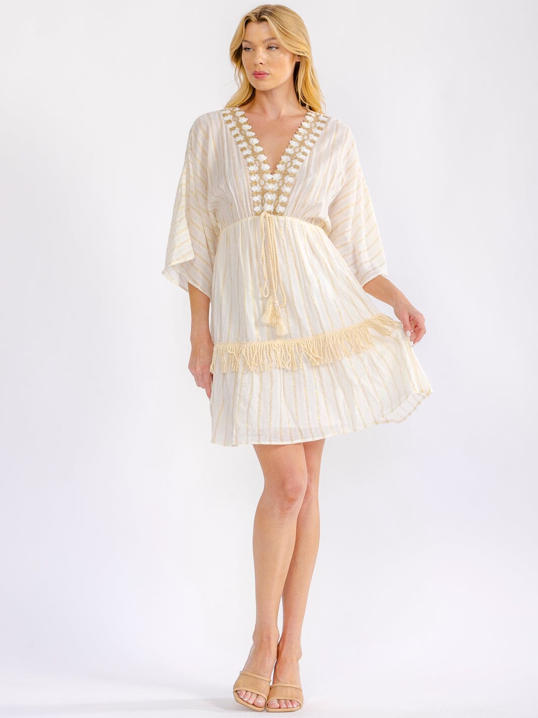 WOMEN'S 3/4 SLEEVE V-NECK CROCHET SHIMMER MINI DRESS