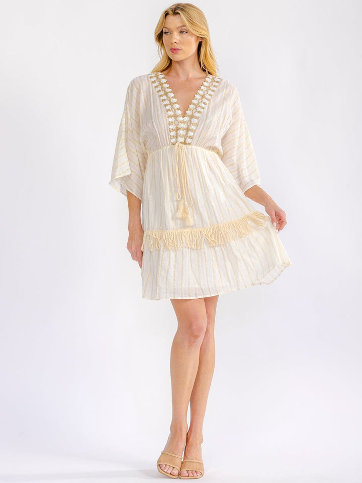WOMEN'S 3/4 SLEEVE V-NECK CROCHET SHIMMER MINI DRESS