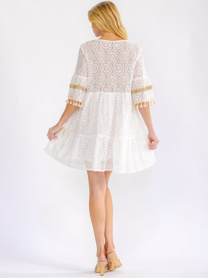 WOMEN'S SHORT SLEEVE V-NECK SHIMMER LACE CROCHET MINI DRESS