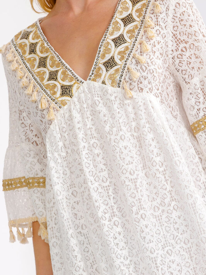 WOMEN'S SHORT SLEEVE V-NECK SHIMMER LACE CROCHET MINI DRESS