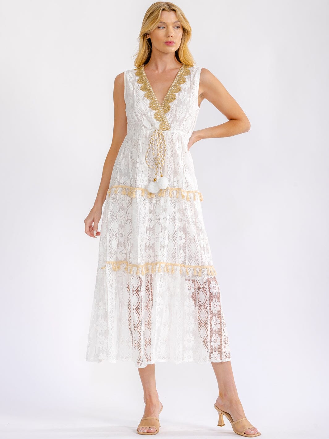 WOMEN'S SLEEVELESS SURPLICE TIERED SHIMMER LACE CROCHET MAXI DRESS