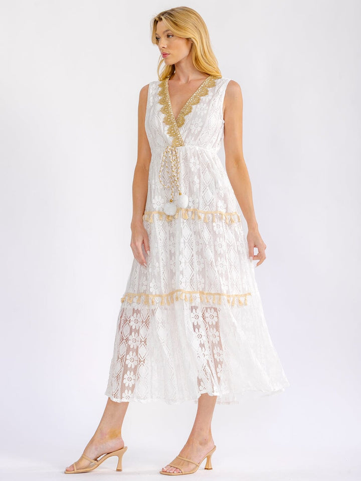 WOMEN'S SLEEVELESS SURPLICE TIERED SHIMMER LACE CROCHET MAXI DRESS